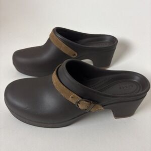 Crocs Womens 10 Sarah Clogs Chunky Heeled Mules Brown Rubber Suede Band Shoes